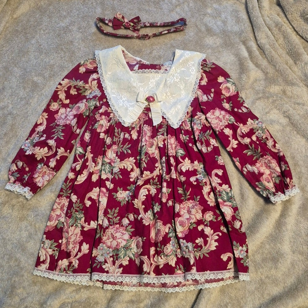 Rose Cottage Vintage Floral Lace Collar Dress with Headband Burgundy Pink Size 5